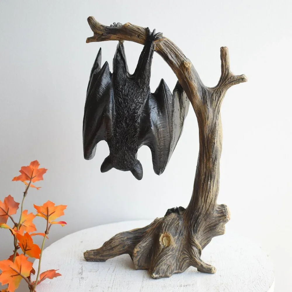 Ashland Resin Black Bat Hanging From Branch Rustic Witchy Gothic Halloween Decor